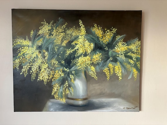 Mimosa, Peinture de bouquet de fleurs, mimosa en vase, Peinture à l'huile originale, vase de fleurs, tableau de mimosa en fleurs, cadeau.