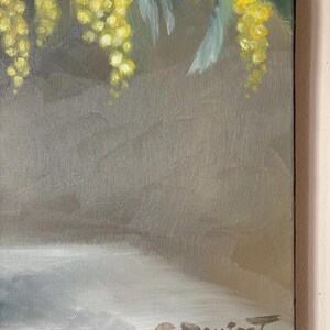 May include: A painting of a bouquet of yellow mimosa flowers in a vase. The flowers are painted in a realistic style with soft brushstrokes. The background is a muted gray.