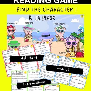 May include: A French reading game titled "French Inference Reading Game" with the text "Find the Character!" The image features cartoon pigs at the beach, with reading cards labeled "débutant", "intermédiaire", and "avancé".