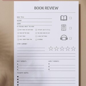 May include: Printable book review template with sections for book title, author, genre, feelings about the book, story summary, best moments, worst moments, and favourite quotes. There are checkboxes for different feelings about the book, a five-star rating system, and icons for physical books, ebooks, and audiobooks.
