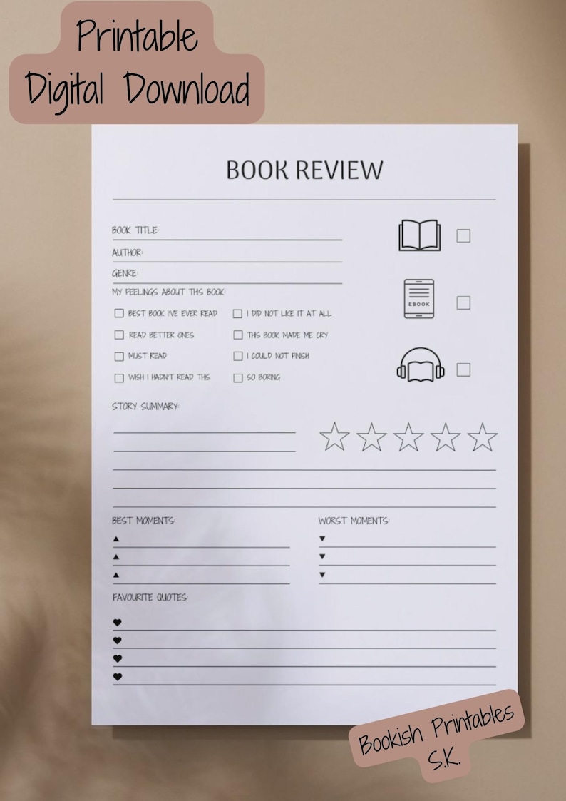 May include: Printable book review template with sections for book title, author, genre, feelings about the book, story summary, best moments, worst moments, and favourite quotes. There are checkboxes for different feelings about the book, a five-star rating system, and icons for physical books, ebooks, and audiobooks.