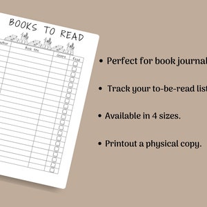 May include: A printable checklist for tracking books to read. The checklist has columns for author, book title, genre, and a checkbox to mark when the book has been read. The checklist is decorated with a whimsical illustration of people reading books.