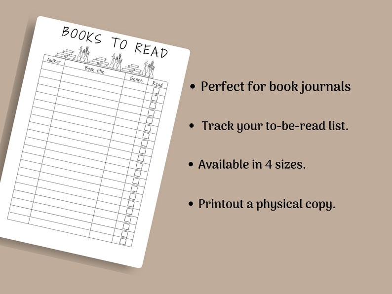 May include: A printable checklist for tracking books to read. The checklist has columns for author, book title, genre, and a checkbox to mark when the book has been read. The checklist is decorated with a whimsical illustration of people reading books.