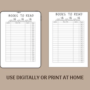 May include: A printable book list with the title "Books to Read" and columns for author, book title, genre, and a checkbox to mark if the book has been read. The image shows two identical lists side-by-side.