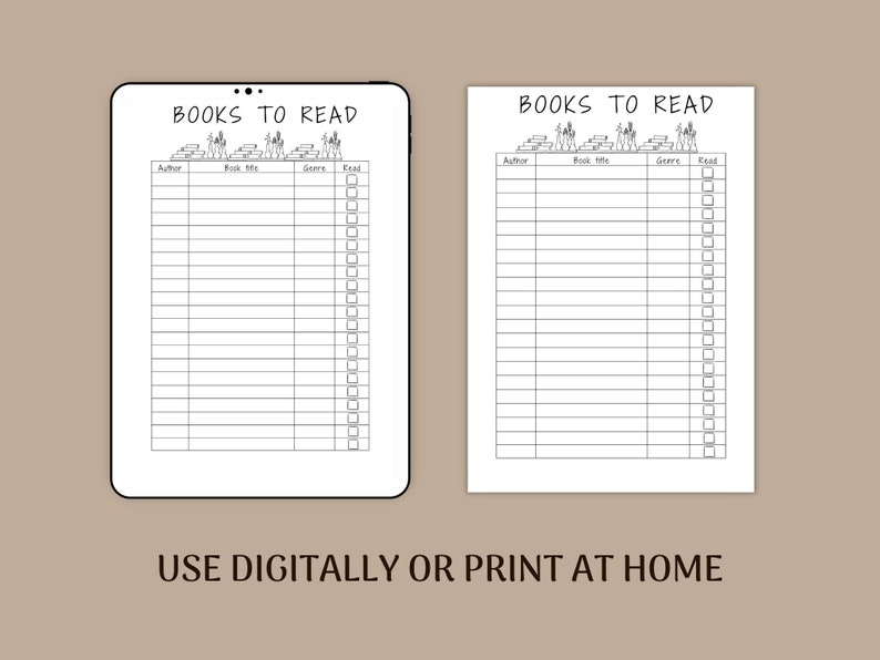 May include: A printable book list with the title "Books to Read" and columns for author, book title, genre, and a checkbox to mark if the book has been read. The image shows two identical lists side-by-side.