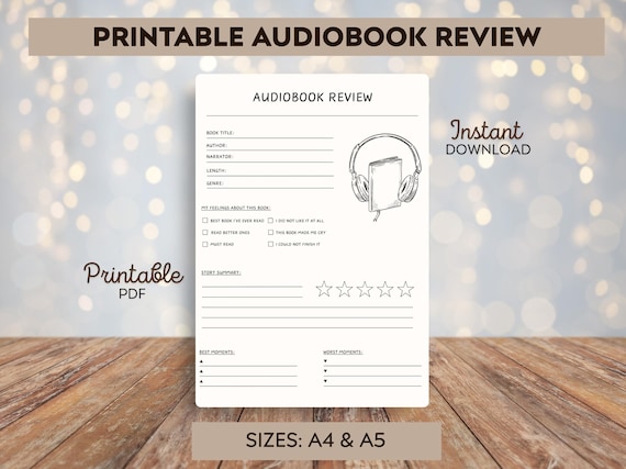 Audiobook review - Printable audiobook review - Printable template - Book journals - Printable audiobook Review Sheets -Reader's Journal PDF