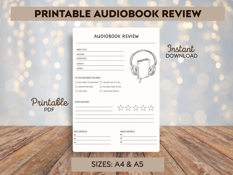 Audiobook review - Printable audiobook review - Printable template - Book journals - Printable audiobook Review Sheets -Reader's Journal PDF image 1