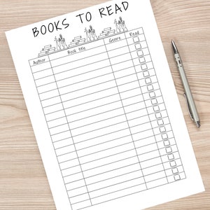 May include: A printable black and white reading list with the title "Books to Read". The list has columns for author, book title, genre, and a checkbox to mark if the book has been read.
