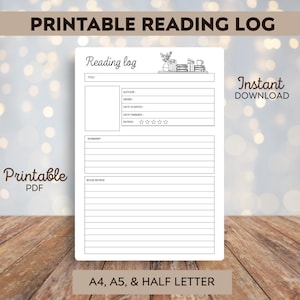May include: A printable reading log with the text "PRINTABLE READING LOG" at the top. The log includes fields for title, author, genre, date started, date finished, and rating. The words "Instant Download" are also visible.