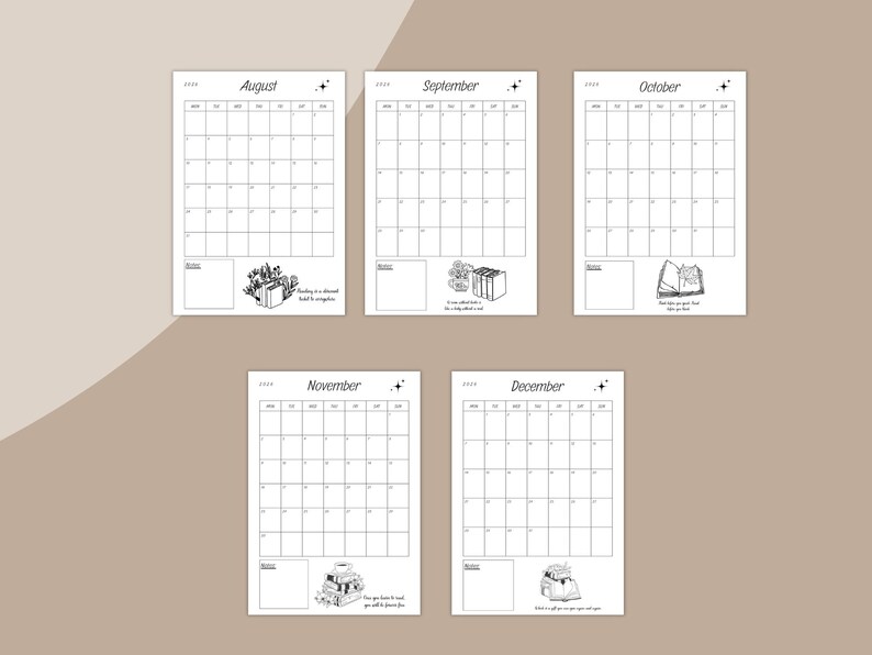 Postscript Books Calendars Printable Book Themed Calendar 2026 : Literary Quotes, Printable PDF ...