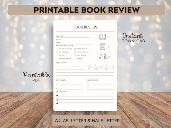 Book review - Printable book review - Printable template - Book journals - Printable Book Review Sheets -Reader's Journal PDF - Journal Page