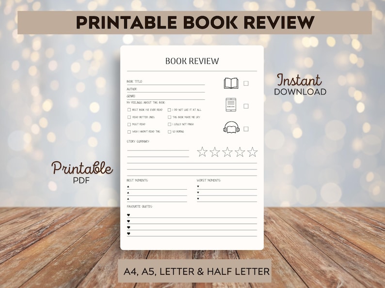 Book review - Printable book review - Printable template - Book journals - Printable Book Review Sheets -Reader's Journal PDF - Journal Page image 1