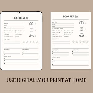 May include: Black and white printable book review template with sections for book title, author, genre, my feelings about the book, story summary, best moments, worst moments, and favourite quotes. The template includes icons for a book, a phone, and headphones.