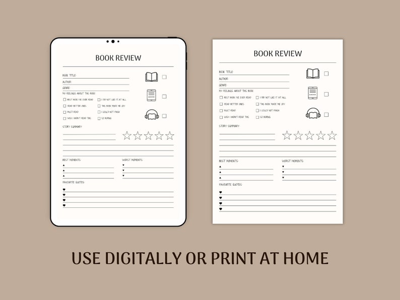 May include: Black and white printable book review template with sections for book title, author, genre, my feelings about the book, story summary, best moments, worst moments, and favourite quotes. The template includes icons for a book, a phone, and headphones.