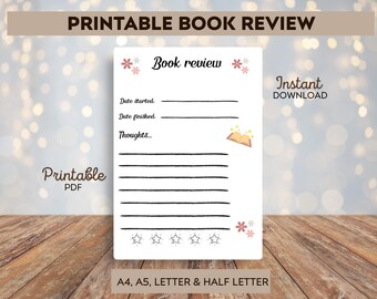 Printable Book Review Sheet: Reading Journal Page (Digital Download, A4/A5/Letter Sizes)
