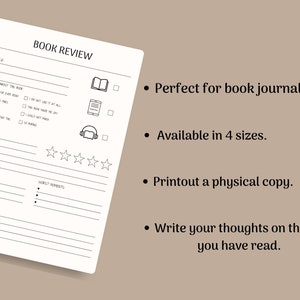 May include: Printable book review template with sections for book title, author, genre, feelings about the book, best moments, worst moments, and favourite quotes.  The template also includes a five-star rating system and checkboxes for whether the book was a must read, did not make the reader cry, and if the reader could not put the book down.