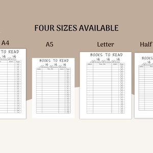 May include: Four printable book list templates in different sizes: A4, A5, Letter, and Half Letter. Each template has a title "Books to Read" with a graphic of books and a table with columns for author, book title, genre, and read.