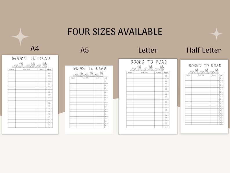 May include: Four printable book list templates in different sizes: A4, A5, Letter, and Half Letter. Each template has a title "Books to Read" with a graphic of books and a table with columns for author, book title, genre, and read.