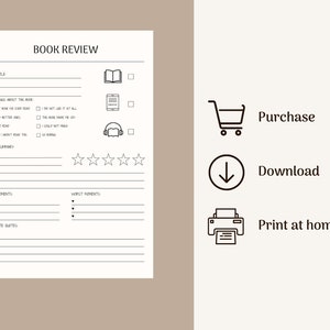 May include: A printable book review template with sections for book title, author, genre, feelings about the book, story summary, best moments, worst moments, and favourite quotes. The template also includes a five-star rating system and icons for purchasing, downloading, and printing at home.