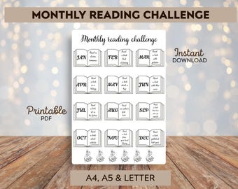 Printable Monthly Reading Challenge Tracker - Book Planner PDF - Book Journal - Reading Goals Organizer - Reading Challenge - Journal Page