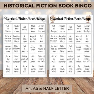 Historical fiction book bingo - Printable book bingo - Printable Tracker - Reading Challenge - Book Challenge - Reading Journal Page