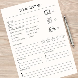 May include: A black and white printable book review template with sections for book title, author, genre, feelings about the book, story summary, best moments, favourite quotes, and worst moments. The template also includes a five-star rating system and icons for a physical book, ebook, and audiobook.