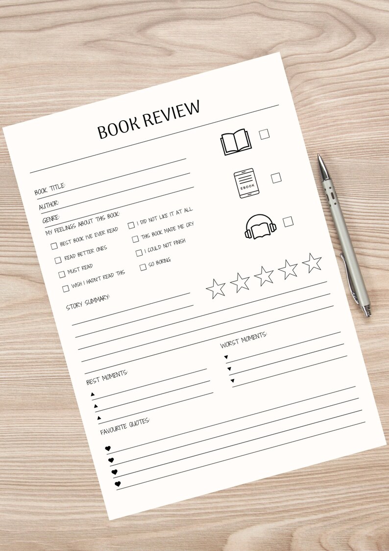 May include: A black and white printable book review template with sections for book title, author, genre, feelings about the book, story summary, best moments, favourite quotes, and worst moments. The template also includes a five-star rating system and icons for a physical book, ebook, and audiobook.