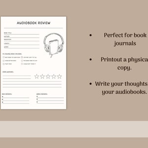 May include: Printable audiobook review template with a black and white illustration of headphones and a book. The template includes sections for book title, author, narrator, length, genre, my feelings about this book, story summary, best moments, worst moments, and a five-star rating system.