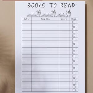 May include: Printable "Books to Read" list with columns for author, book title, genre, and a checkbox to mark if the book has been read. The list is decorated with a line of books and flowers.