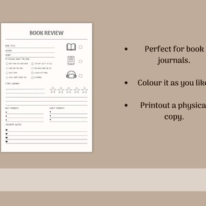 May include: Black and white printable book review template with sections for book title, author, genre, how you feel about the book, best moments, worst moments, and favourite quotes. The template includes a rating system with five stars.