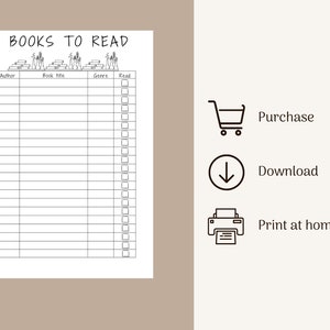 May include: Printable book list with a title "BOOKS TO READ" and a graphic of stacked books. The list has columns for author, book title, genre, and read. There are checkboxes next to the "Read" column. The printable list is available for purchase, download, or print at home.