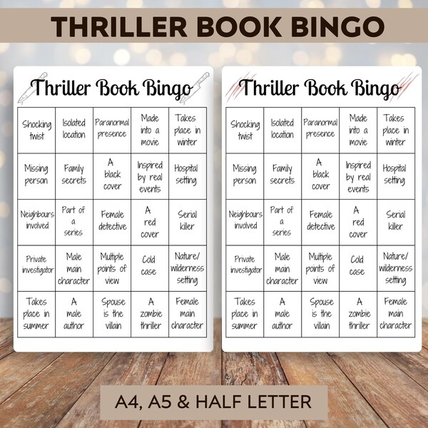 Printable Thriller Book Bingo: Reading Challenge Game (A4/A5/Half Letter PDF)