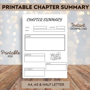 May include: A white printable chapter summary sheet with sections for date, book, chapter, summary, characters, quotes, and thoughts. The text "Printable Chapter Summary" and "Instant Download" are displayed. The sheet is available in A4, A5, and half-letter sizes.