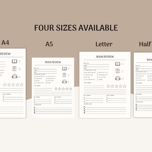 May include: Four printable book review templates in different sizes: A4, A5, Letter, and Half Letter. Each template includes sections for book title, author, genre, rating, and notes.