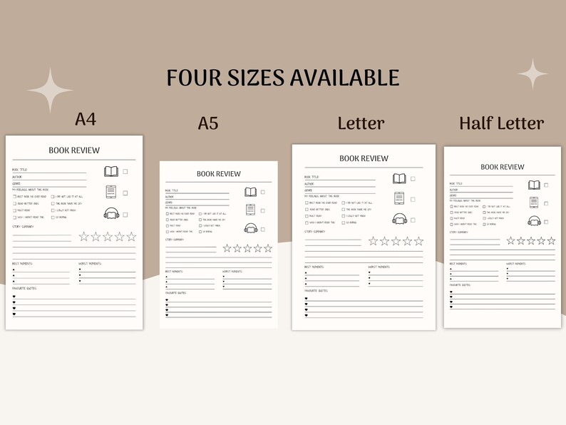 May include: Four printable book review templates in different sizes: A4, A5, Letter, and Half Letter. Each template includes sections for book title, author, genre, rating, and notes.