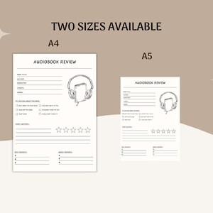 May include: Two printable audiobook review templates in A4 and A5 sizes. Each template features a section for book title, author, narrator, length, genres, and a rating system. There are also sections for best and worst moments.