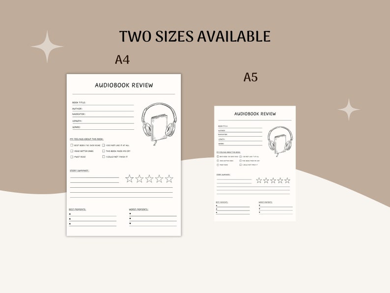 May include: Two printable audiobook review templates in A4 and A5 sizes. Each template features a section for book title, author, narrator, length, genres, and a rating system. There are also sections for best and worst moments.
