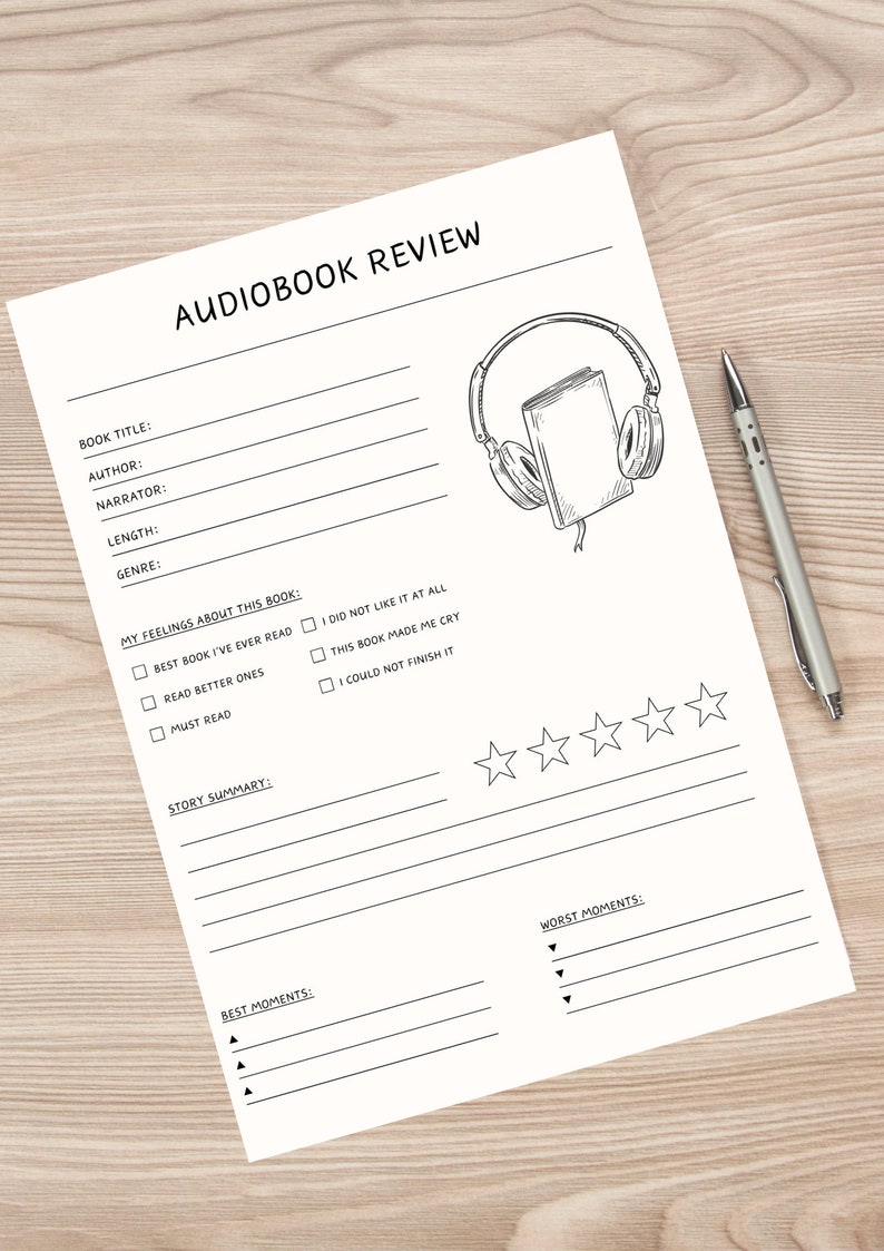 May include: A printable audiobook review template with a drawing of headphones and a book. The template includes sections for book title, author, narrator, length, genre, story summary, best moments, worst moments, and a five-star rating system.