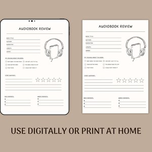 May include: Black and white printable audiobook review template with a drawing of headphones and a book. The template includes sections for book title, author, narrator, length, genre, story summary, best moments, worst moments, and a star rating.