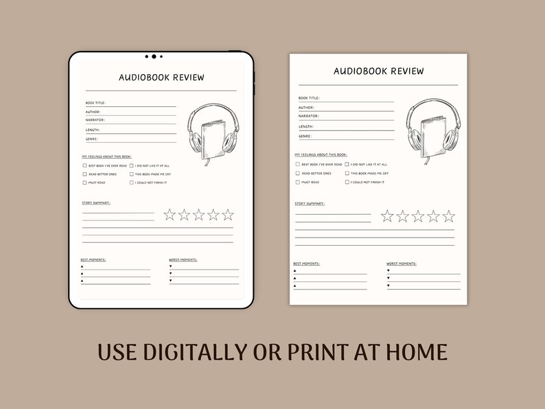 May include: Black and white printable audiobook review template with a drawing of headphones and a book. The template includes sections for book title, author, narrator, length, genre, story summary, best moments, worst moments, and a star rating.