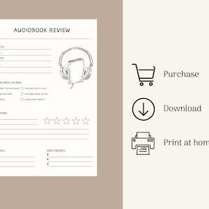 May include: A printable audiobook review template with a black and white illustration of headphones and a book. The template includes sections for book title, author, narrator, genre, length, story summary, best moments, worst moments, and a five-star rating system.