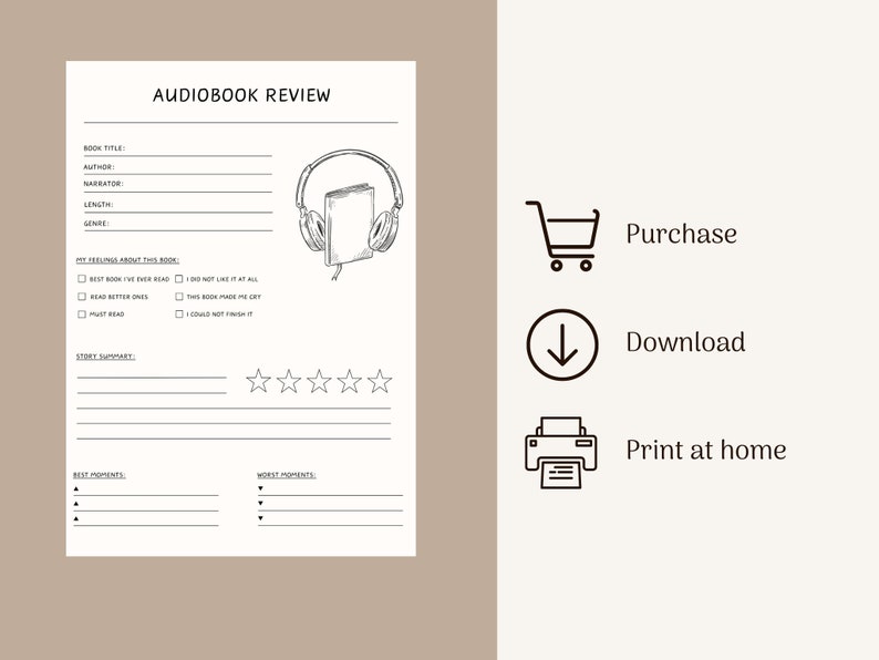 May include: A printable audiobook review template with a black and white illustration of headphones and a book. The template includes sections for book title, author, narrator, genre, length, story summary, best moments, worst moments, and a five-star rating system.