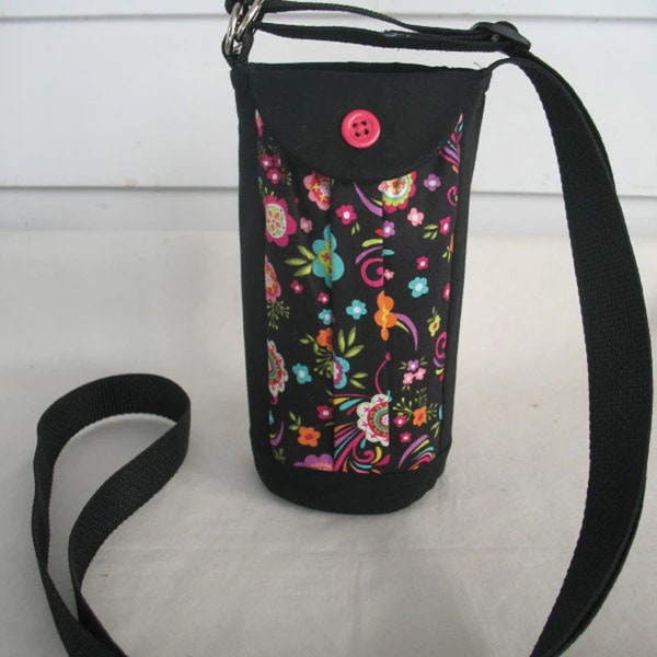 Water Bottle Holder Sling Carrier//Walkers Insulated Water Bottle Cross Body Bag// Hikers Water Bag - Black Flower