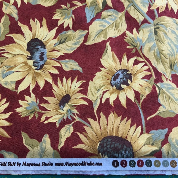 Full Sun by Willow Berry Lane for Maywood Studio. 7801. Sunflowers on Red Background. Fabric by the Yard