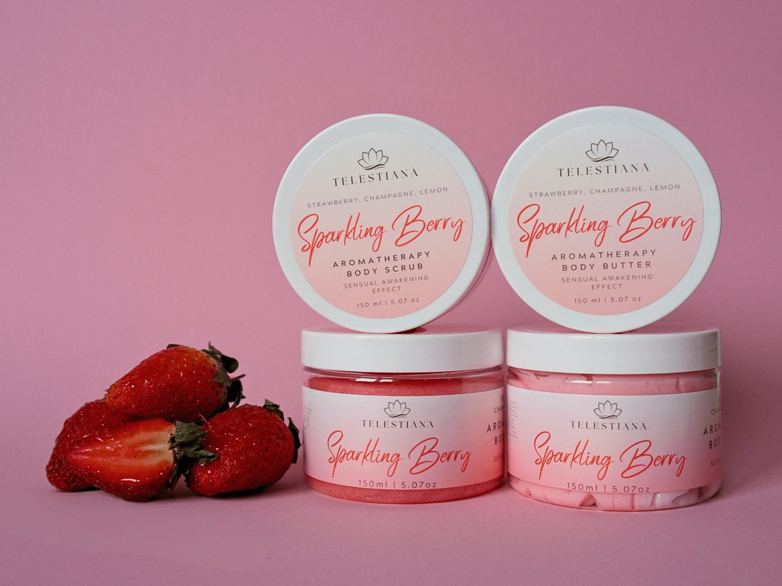 Strawberry Sensual Body Butter and Body Scrub Spa Set, Natural Whipped