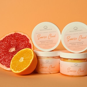 Citrus Energetisierendes Körperbutter und Körperpeeling Spa Set, Natürliche Körpercreme, Veganes Peeling mit emulgiertem Zucker, Aromatherapie Geschenk