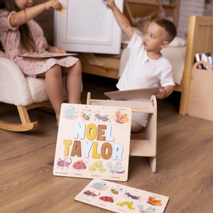May include: A wooden puzzle with the name "NOEL TAYLOR" spelled out in colorful letters. The puzzle features various insects, including a snail, bee, ant, butterfly, horned beetle, ladybug, caterpillar, and dragonfly.