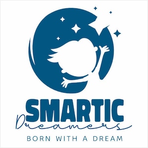 May include: A blue circle with stars and a white silhouette of a child reaching for a star. The text "SMARTIC Dreamers BORN WITH A DREAM" is below the circle.