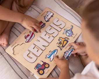 Rompecabezas de aprendizaje de vehículos, Regalo de primer cumpleaños para niño, Juguetes educativos de madera para niños pequeños, Tablero de aprendizaje Montessori con coche, Barco, Tractor