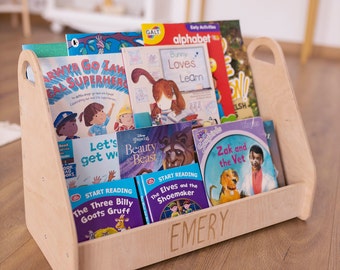 Montessori Wooden Bookshelf for Kids: Nursery Book Storage, Custom Name Option